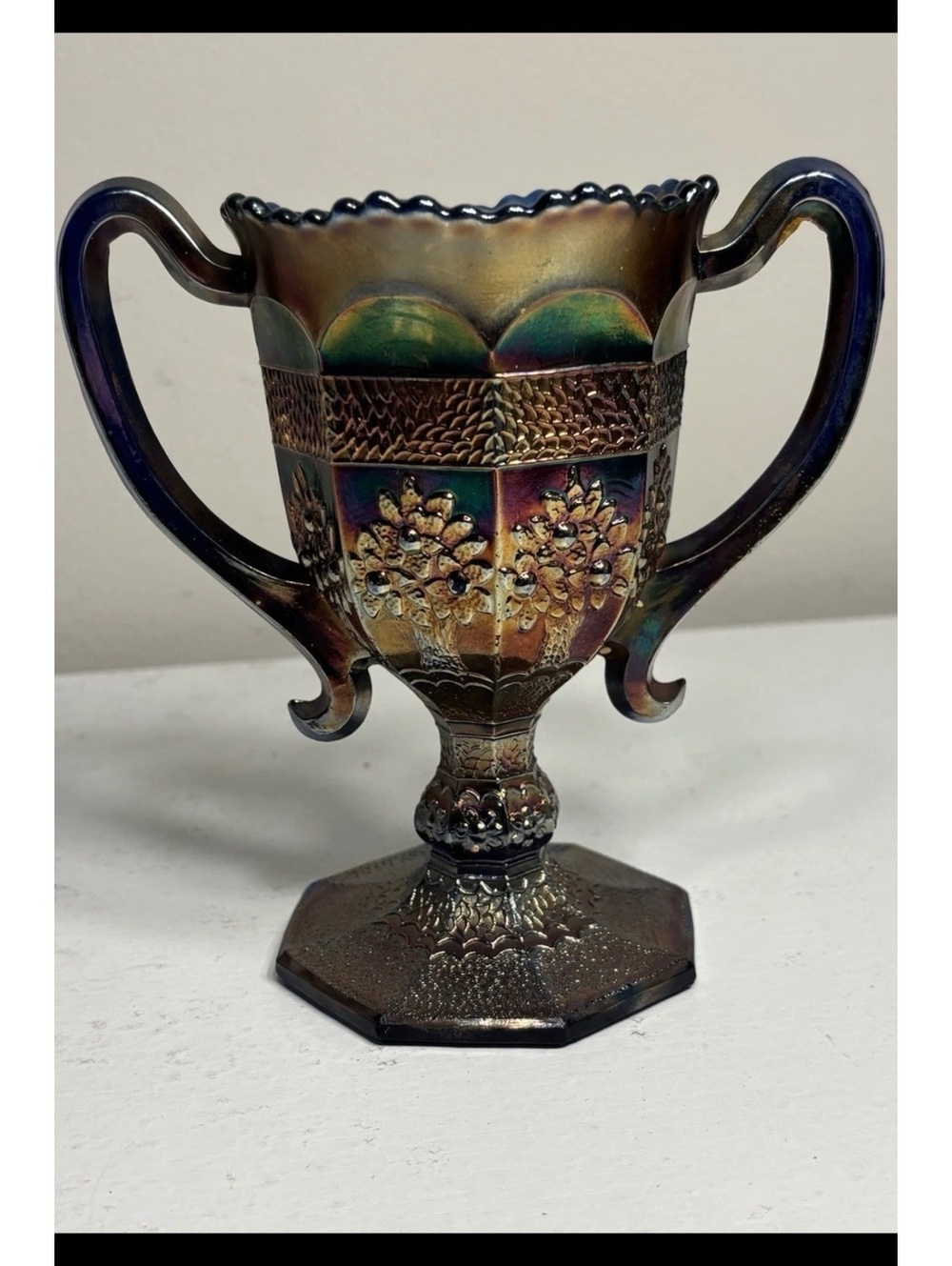 Fenton Blue Carnival Glass Orange Tree Loving Cup